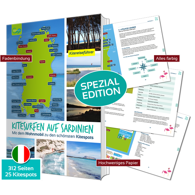 Kitereiseguide Sardinien mit 312 Seiten, 25 Kitespots
