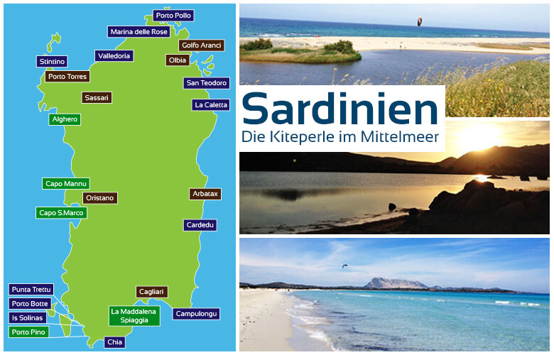 Karte von Sardinien mit den verschiedensten Kitespots zum Kitesurfen